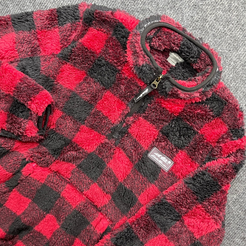 Eddie Bauer‎ Kids M 10/12 Sherpa Fleece Pullover Red Black Plaid Quarter Zip